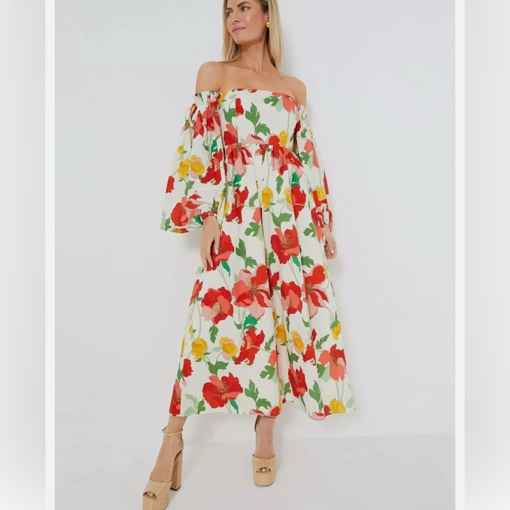 Off-Shoulder Floral Maxi Dress in White with Red & Yellow Blooms
